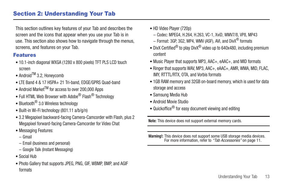 Section 2: understanding your tab, Features | Samsung SCH-I905ZKAUSC User Manual | Page 17 / 178
