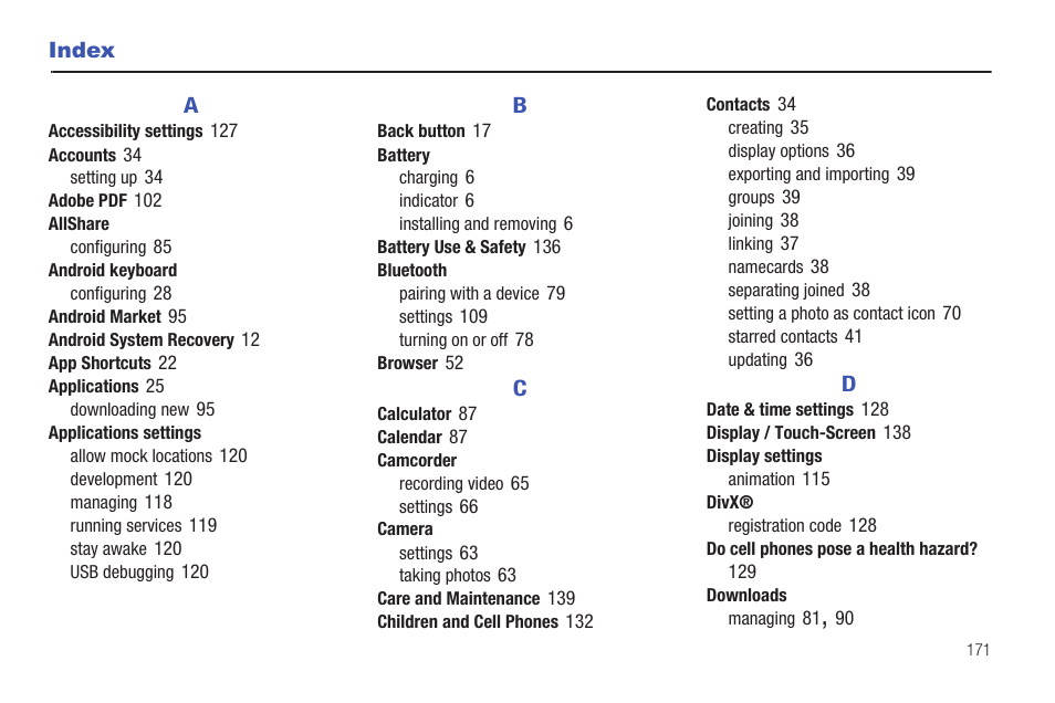 Index | Samsung SCH-I905ZKAUSC User Manual | Page 175 / 178