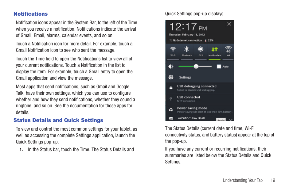 Notifications, Status details and quick settings, Notifications status details and quick settings | Samsung SCH-I905ZKAUSC User Manual | Page 23 / 178