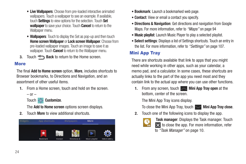 More, Mini app tray | Samsung SCH-I905ZKAUSC User Manual | Page 28 / 178