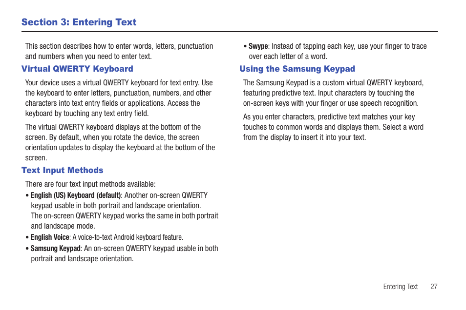 Section 3: entering text, Virtual qwerty keyboard, Text input methods | Using the samsung keypad | Samsung SCH-I905ZKAUSC User Manual | Page 31 / 178
