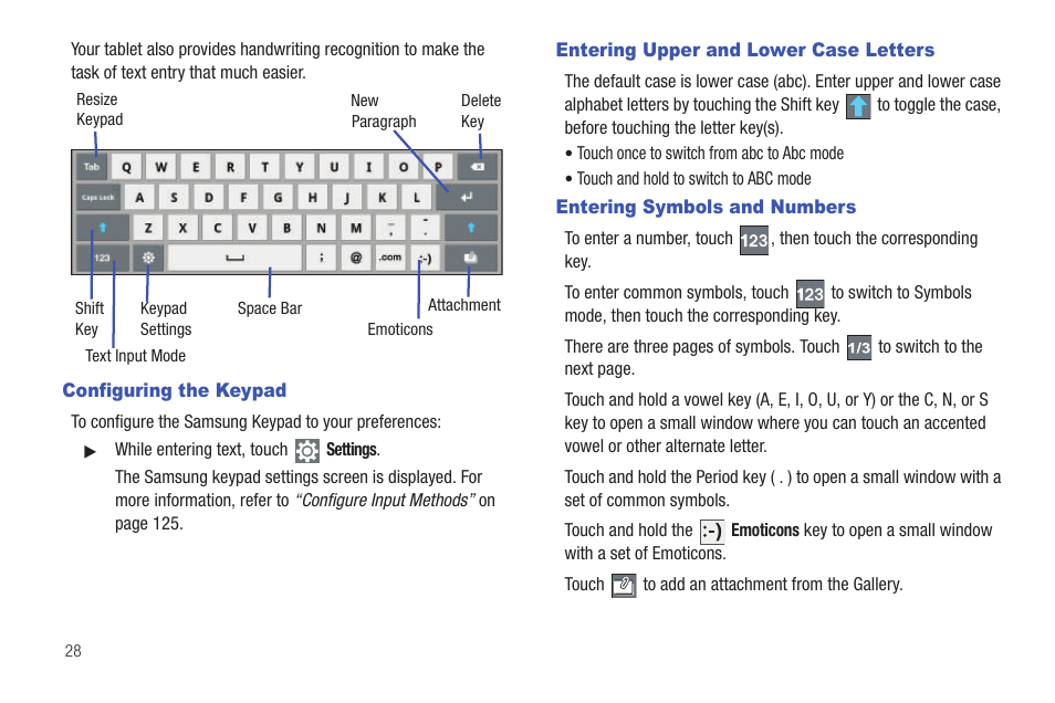 Configuring the keypad, Entering upper and lower case letters, Entering symbols and numbers | Samsung SCH-I905ZKAUSC User Manual | Page 32 / 178