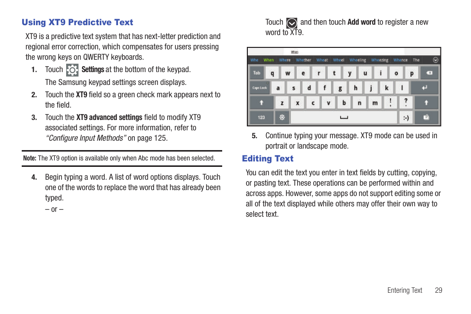 Using xt9 predictive text, Editing text, Using xt9 predictive text editing text | Samsung SCH-I905ZKAUSC User Manual | Page 33 / 178