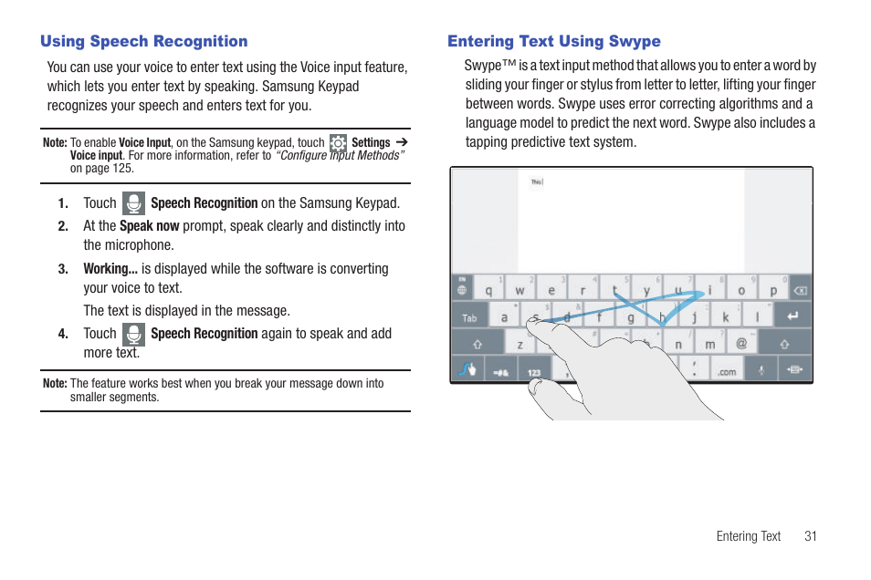 Using speech recognition, Entering text using swype, Using speech recognition entering text using swype | Samsung SCH-I905ZKAUSC User Manual | Page 35 / 178
