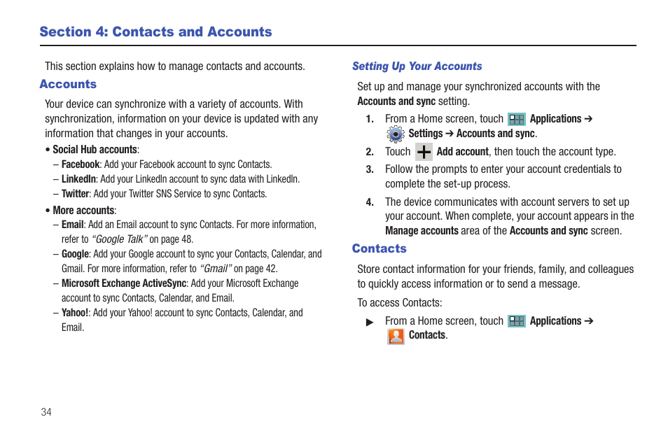 Section 4: contacts and accounts, Accounts, Contacts | Accounts contacts | Samsung SCH-I905ZKAUSC User Manual | Page 38 / 178