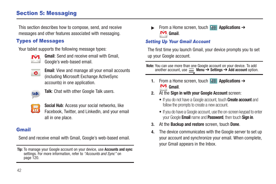 Section 5: messaging, Types of messages, Gmail | Types of messages gmail, For more information, refer to | Samsung SCH-I905ZKAUSC User Manual | Page 46 / 178