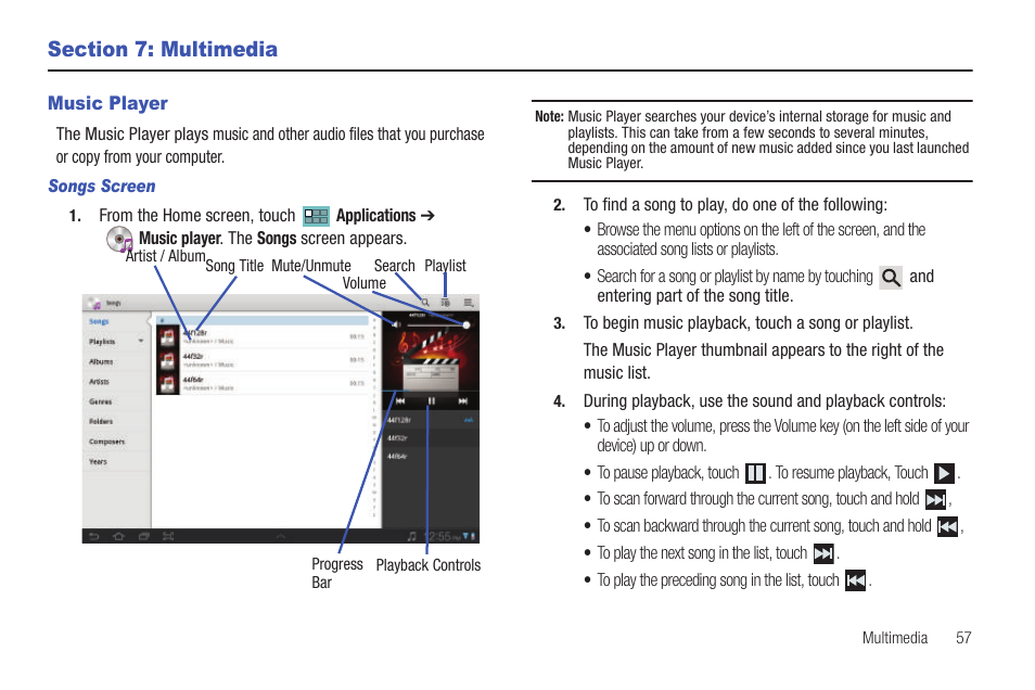 Section 7: multimedia, Music player | Samsung SCH-I905ZKAUSC User Manual | Page 61 / 178