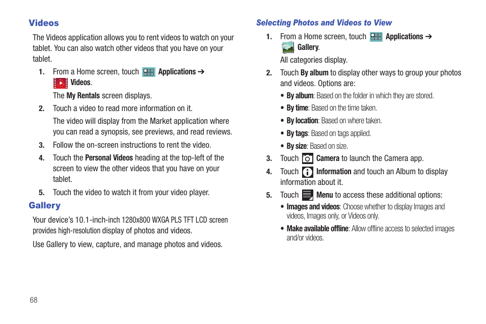 Videos, Gallery, Videos gallery | Samsung SCH-I905ZKAUSC User Manual | Page 72 / 178
