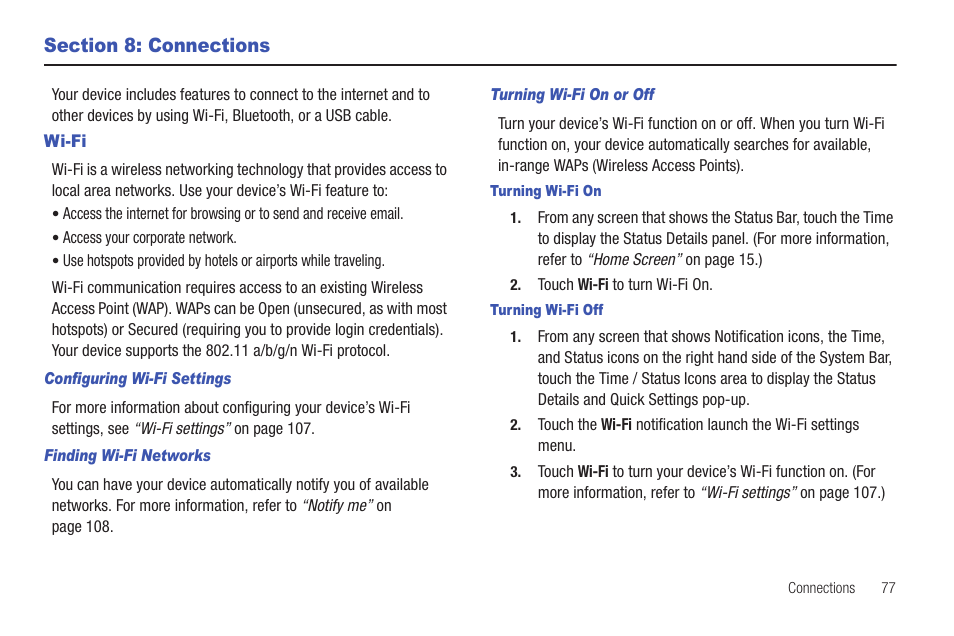 Section 8: connections, Wi-fi | Samsung SCH-I905ZKAUSC User Manual | Page 81 / 178
