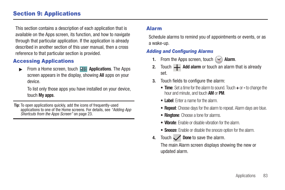 Section 9: applications, Accessing applications, Alarm | Accessing applications alarm | Samsung SCH-I905ZKAUSC User Manual | Page 87 / 178