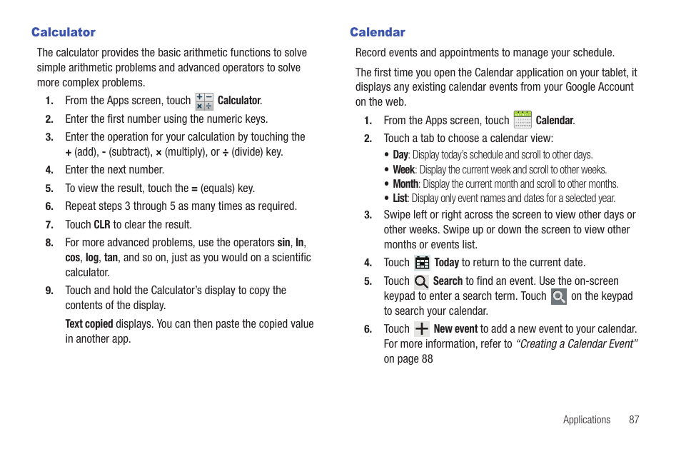 Calculator, Calendar, Calculator calendar | P. for more information | Samsung SCH-I905ZKAUSC User Manual | Page 91 / 178