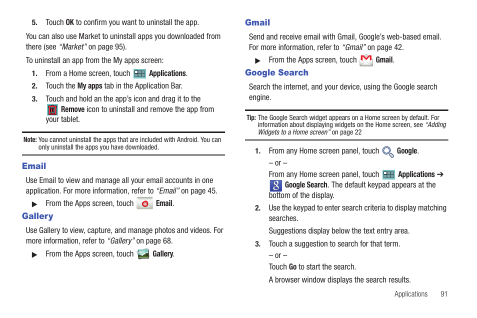 Email, Gallery, Gmail | Google search, Email gallery gmail google search | Samsung SCH-I905ZKAUSC User Manual | Page 95 / 178