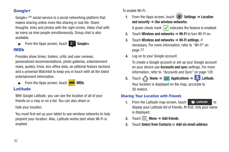 Google, Imdb, Latitude | Google+ imdb latitude | Samsung SCH-I905ZKAUSC User Manual | Page 96 / 178
