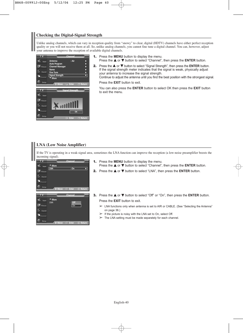 Checking the digital-signal strength, Lna(low noise amplifier) | Samsung SPS4223X-XAP User Manual | Page 40 / 68