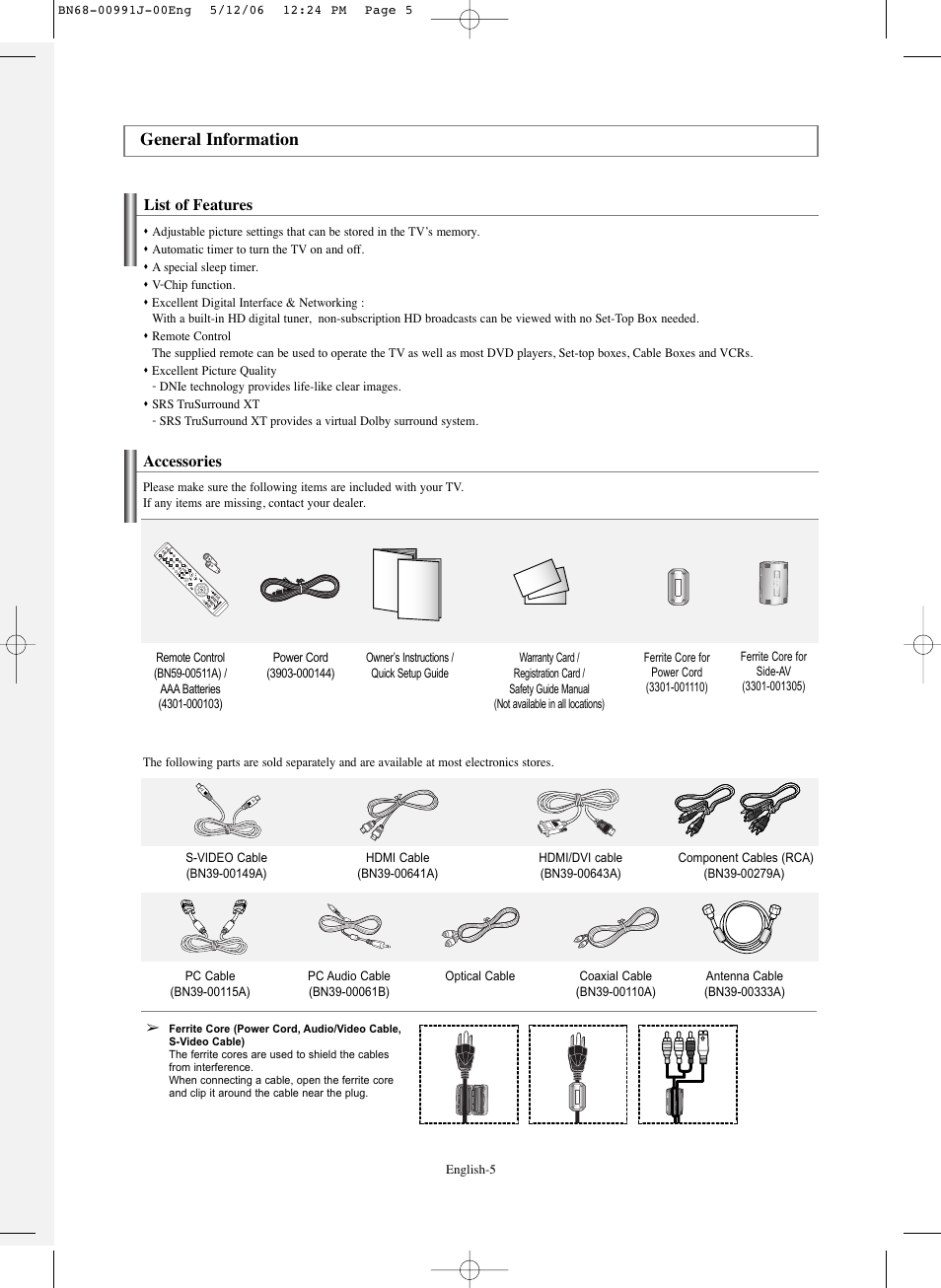 General information, List of features, Accessories | Samsung SPS4223X-XAP User Manual | Page 5 / 68
