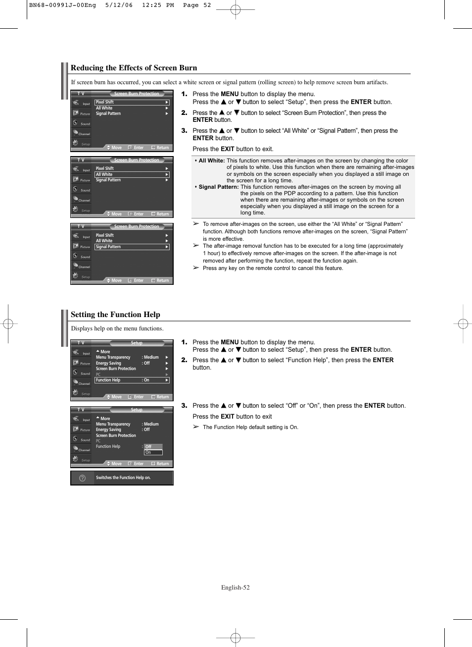 Reducing the effects of screen burn, Setting the function help | Samsung SPS4223X-XAP User Manual | Page 52 / 68