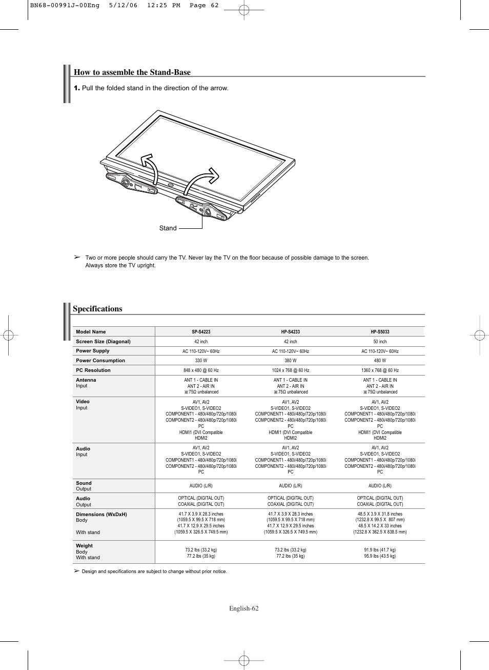 How to assemble the stand-base, Specifications, English-62 | Stand | Samsung SPS4223X-XAP User Manual | Page 62 / 68