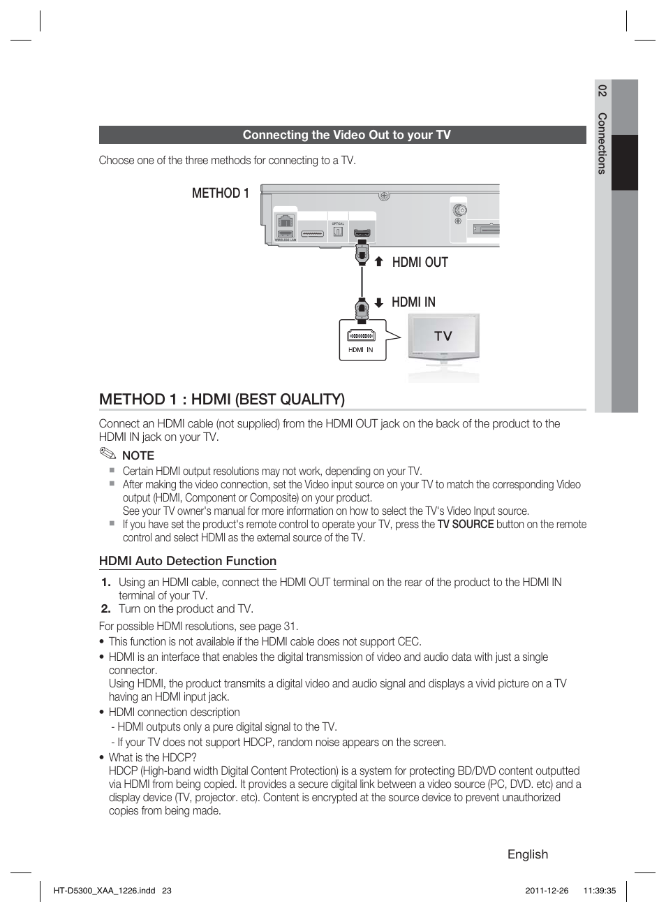 Method 1 : hdmi (best quality), Hdmi out hdmi in method 1, English | Connecting the video out to your tv, Hdmi auto detection function | Samsung HT-D5300-ZA User Manual | Page 23 / 85