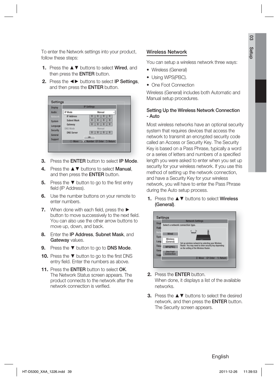 English, Wireless network | Samsung HT-D5300-ZA User Manual | Page 39 / 85