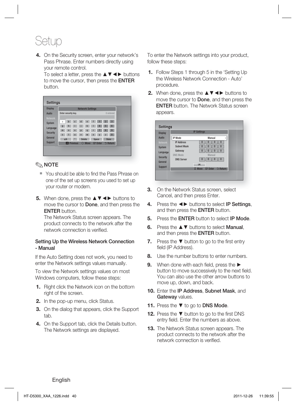 Setup, English | Samsung HT-D5300-ZA User Manual | Page 40 / 85