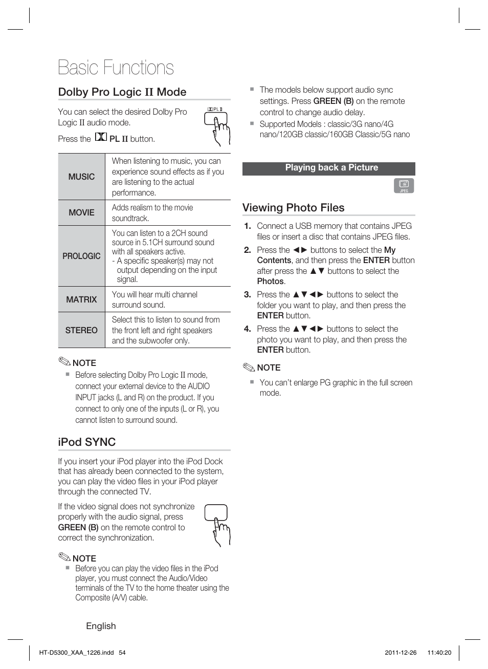 Basic functions | Samsung HT-D5300-ZA User Manual | Page 54 / 85