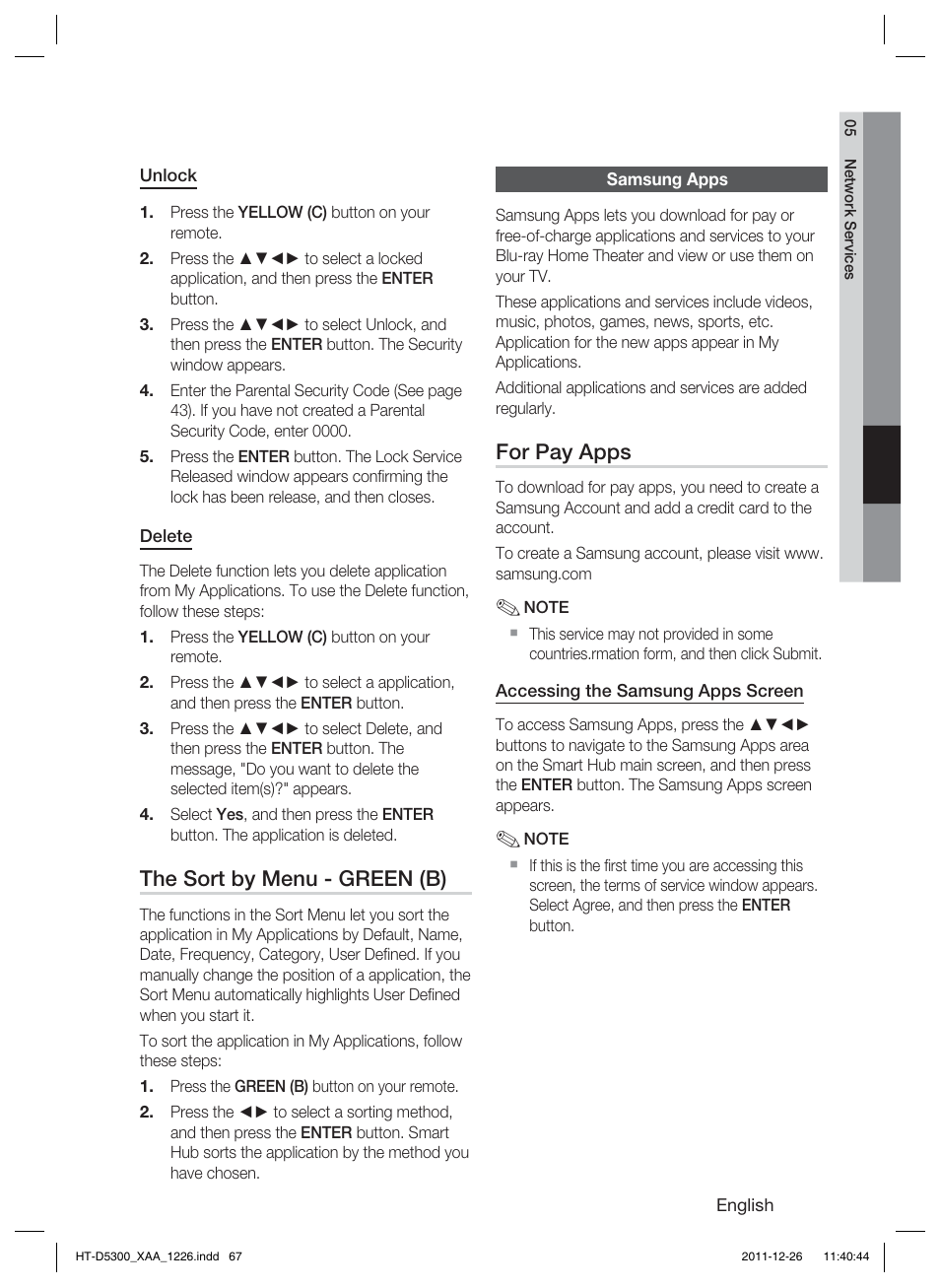 The sort by menu - green (b), For pay apps | Samsung HT-D5300-ZA User Manual | Page 67 / 85
