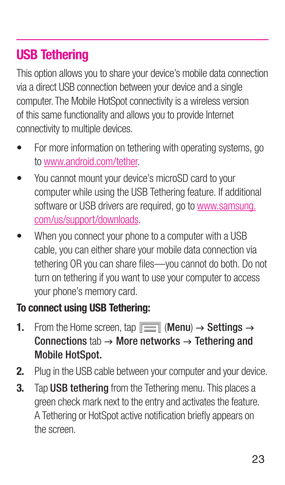 Usb tethering | Samsung SGH-T999ZAATMB User Manual | Page 25 / 40