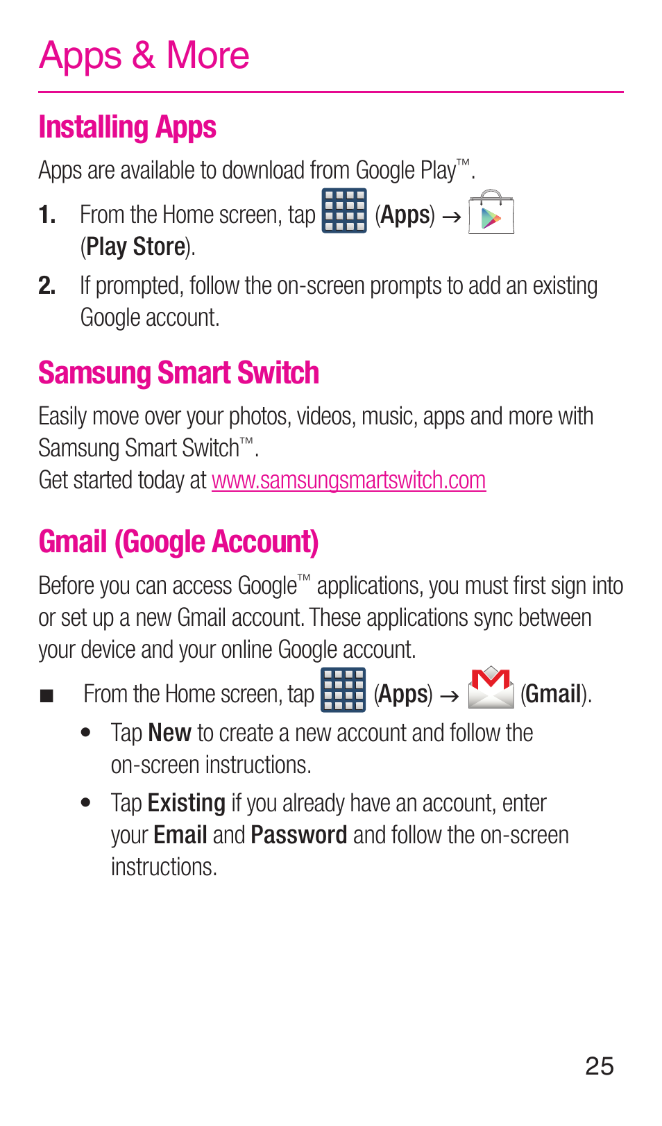 Apps & more, Installing apps, Samsung smart switch | Gmail (google account) | Samsung SGH-T999ZAATMB User Manual | Page 27 / 40