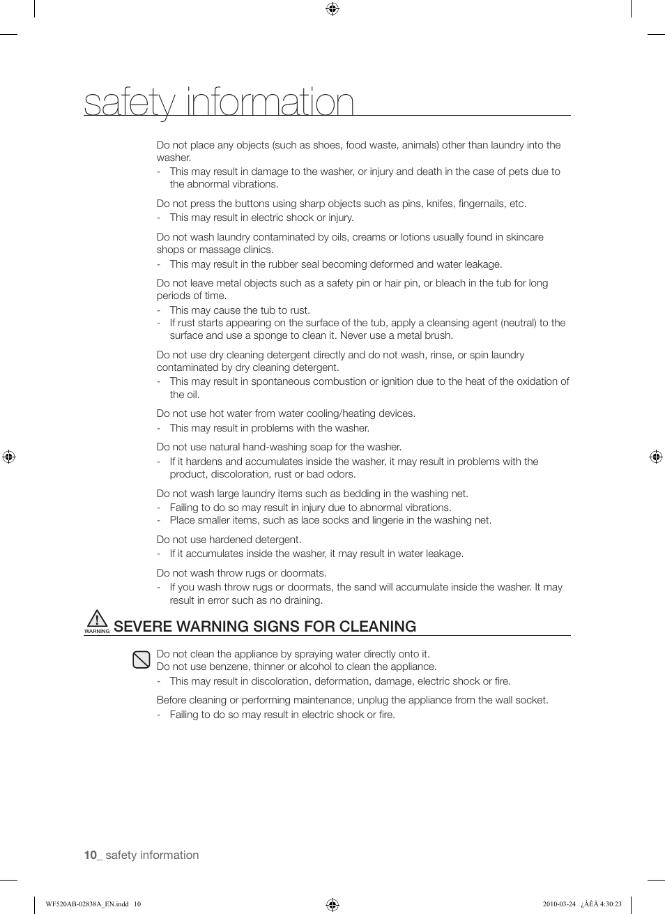 Safety information, Severe warning signs for cleaning | Samsung WF520ABW-XAA User Manual | Page 10 / 84