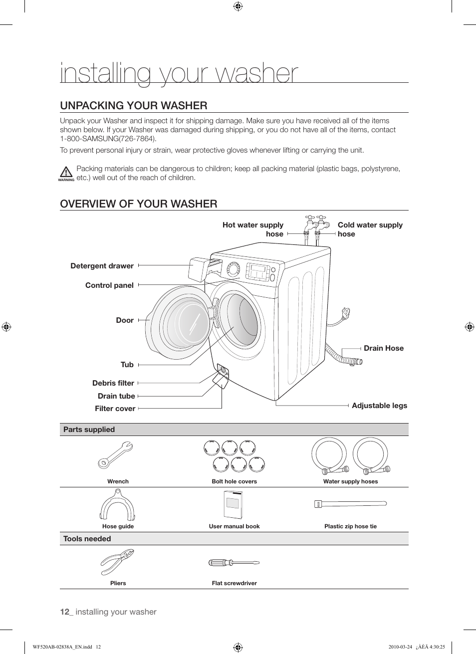 Installing your washer, Unpacking your washer, Overview of your washer | Samsung WF520ABW-XAA User Manual | Page 12 / 84