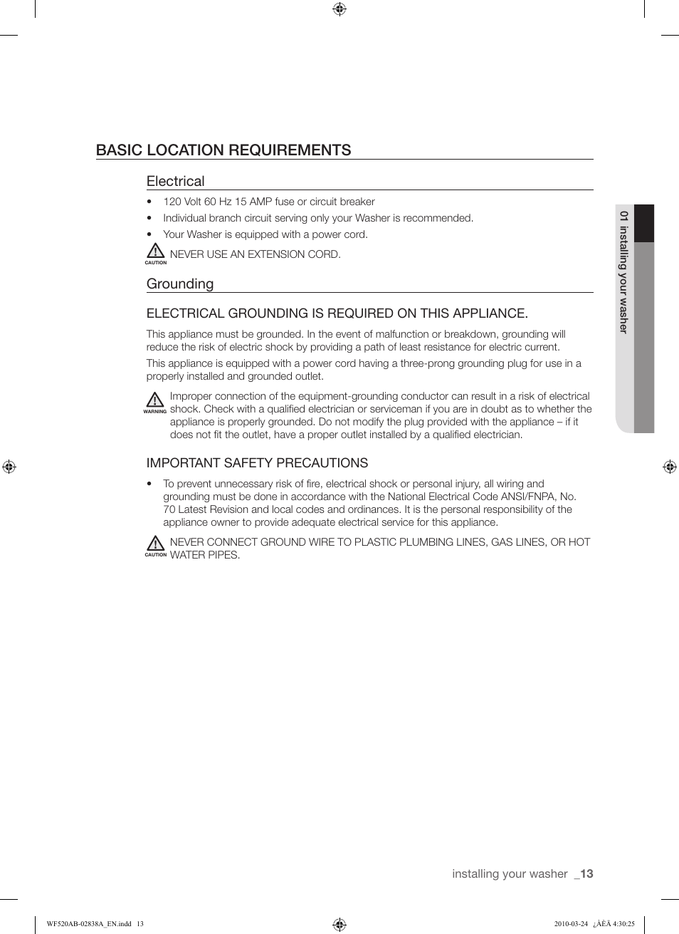 Basic location requirements, Electrical, Grounding | Electrical grounding is required on this appliance, Important safety precautions | Samsung WF520ABW-XAA User Manual | Page 13 / 84