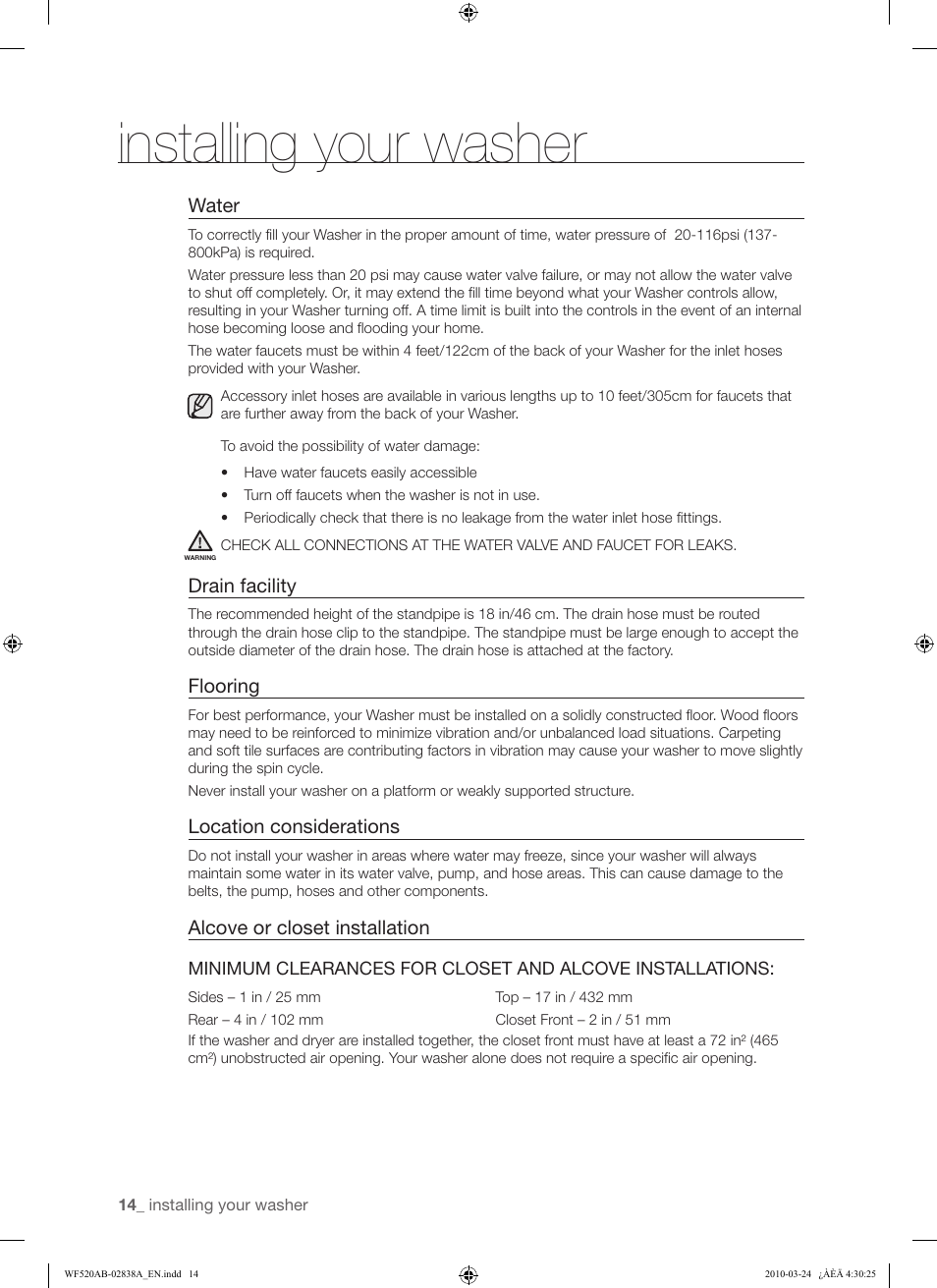 Installing your washer | Samsung WF520ABW-XAA User Manual | Page 14 / 84