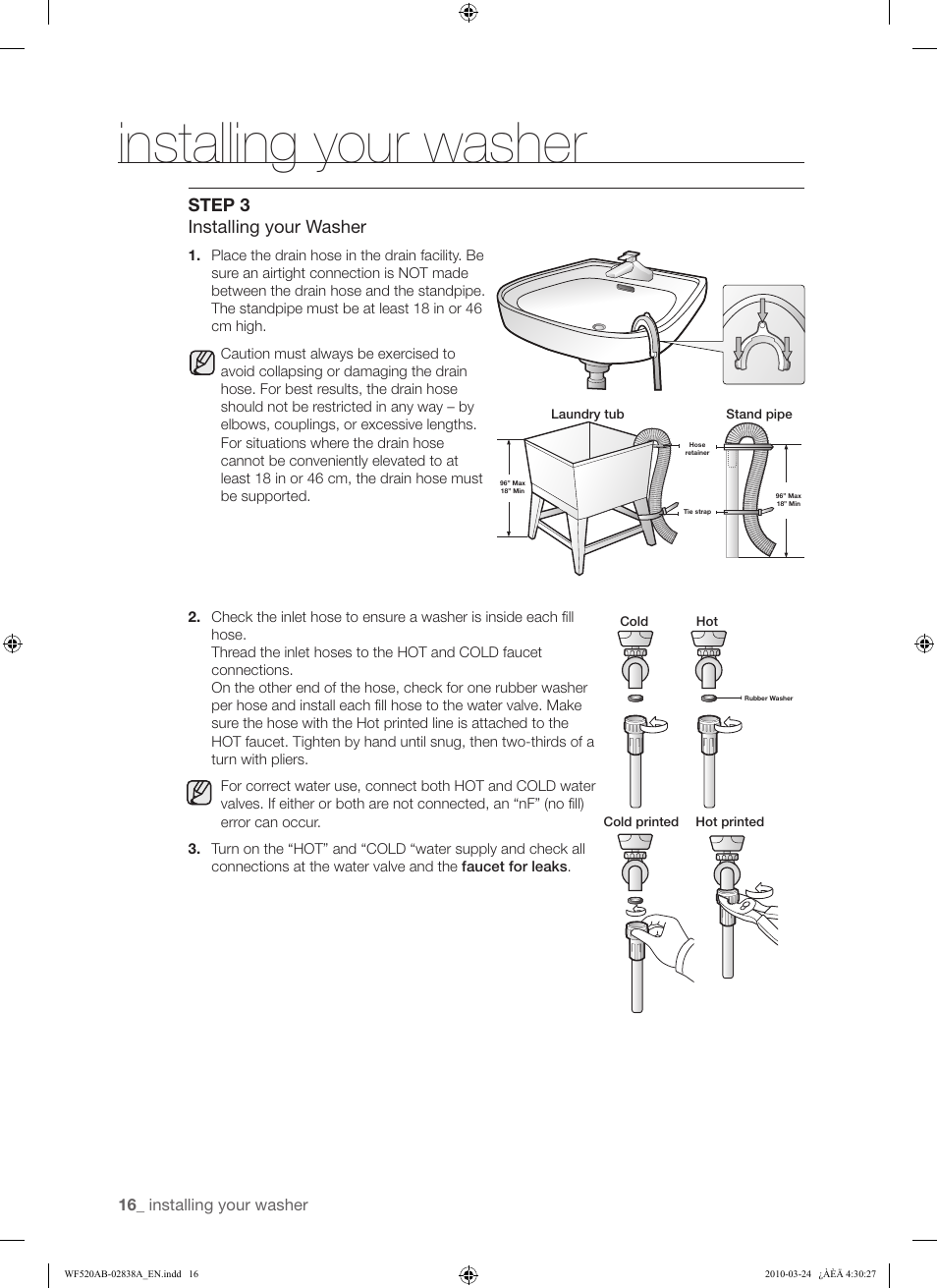 Installing your washer, Step 3 installing your washer | Samsung WF520ABW-XAA User Manual | Page 16 / 84