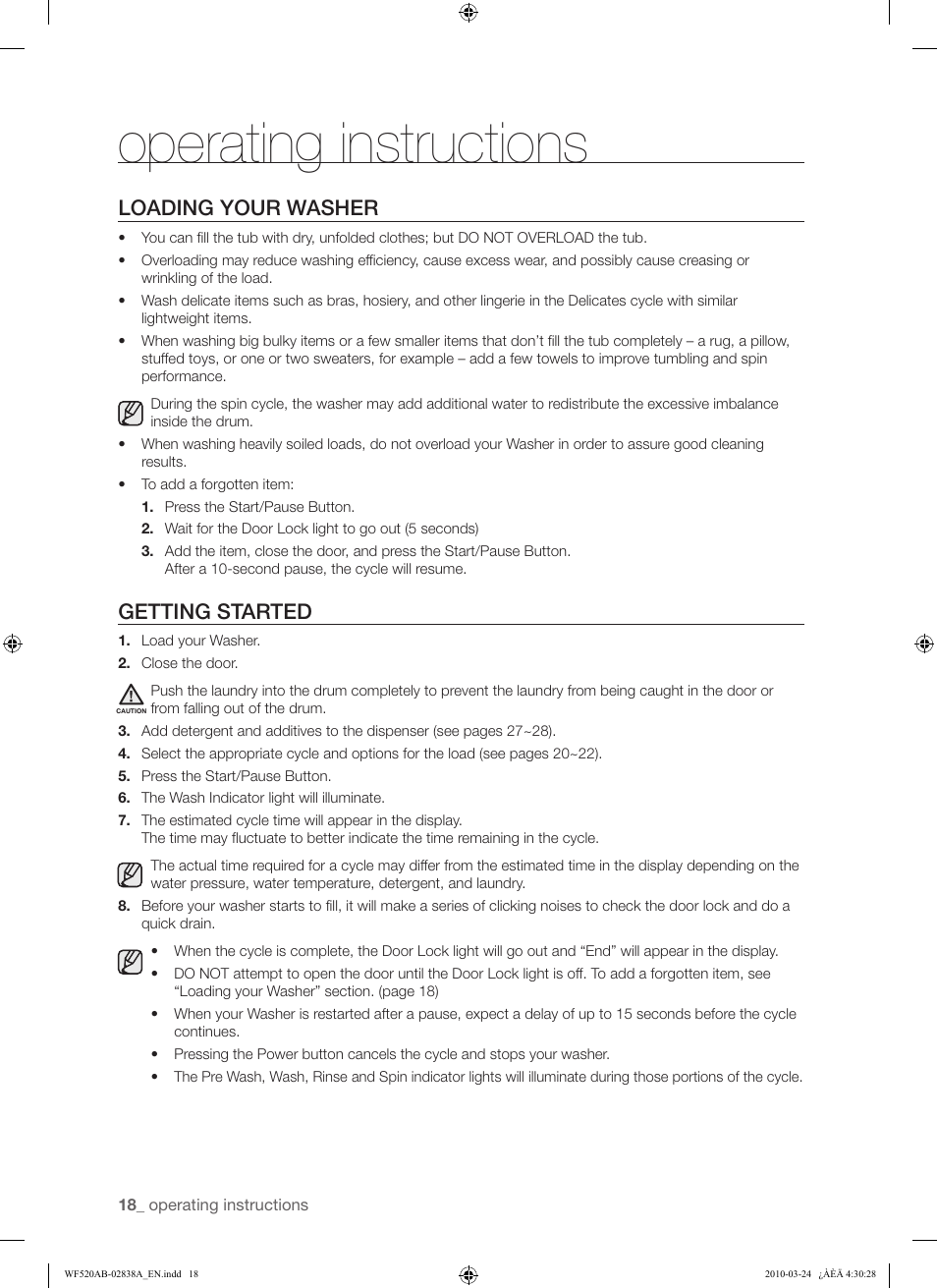 Operating instructions, Loading your washer, Getting started | Samsung WF520ABW-XAA User Manual | Page 18 / 84