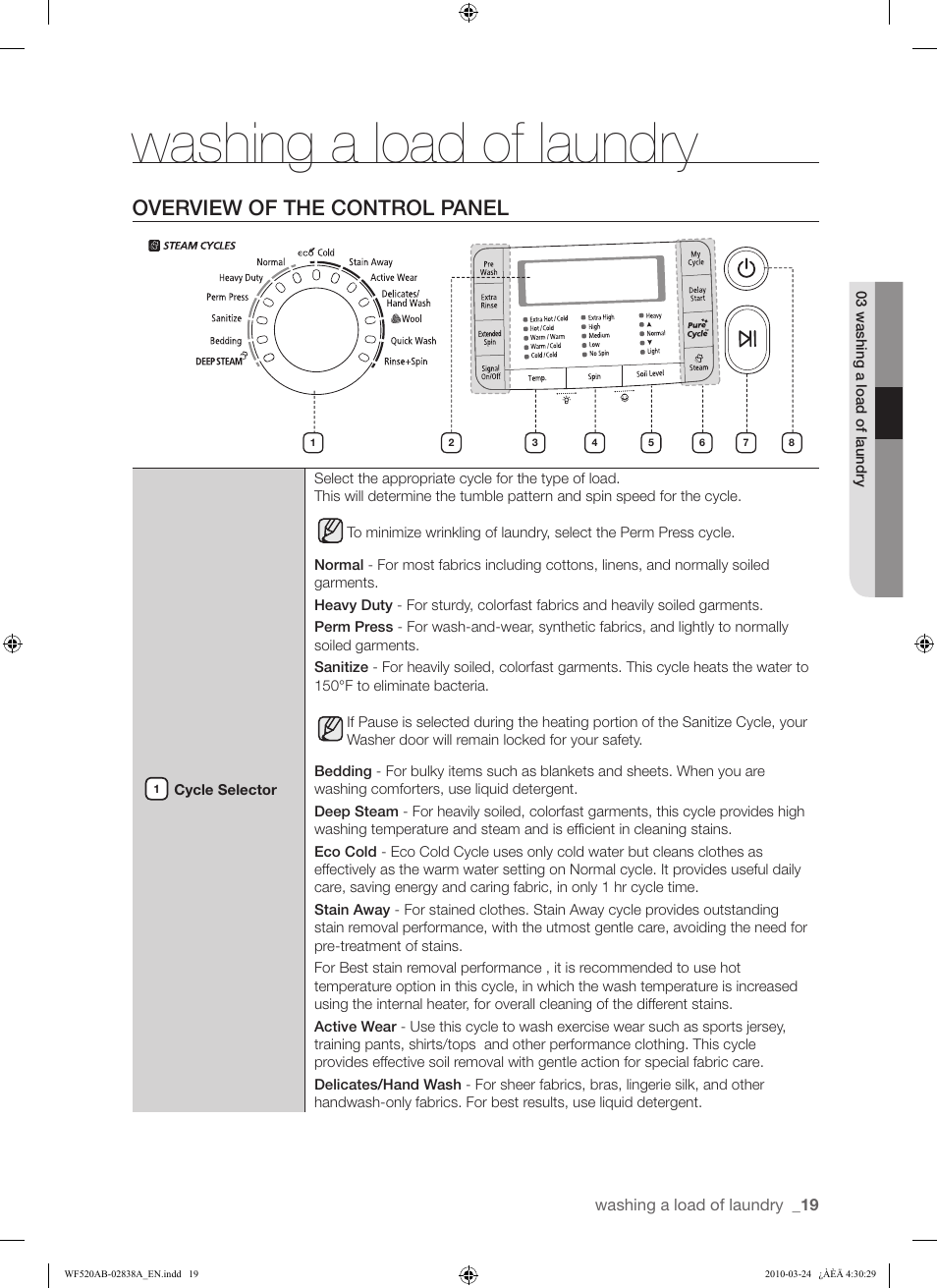 Washing a load of laundry, Overview of the control panel | Samsung WF520ABW-XAA User Manual | Page 19 / 84