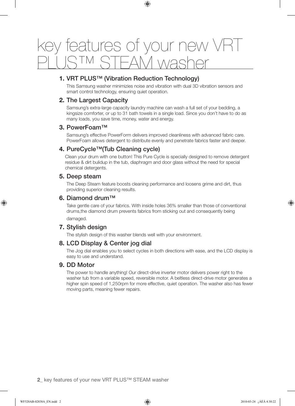 Key features of your new vrt plus™ steam washer | Samsung WF520ABW-XAA User Manual | Page 2 / 84