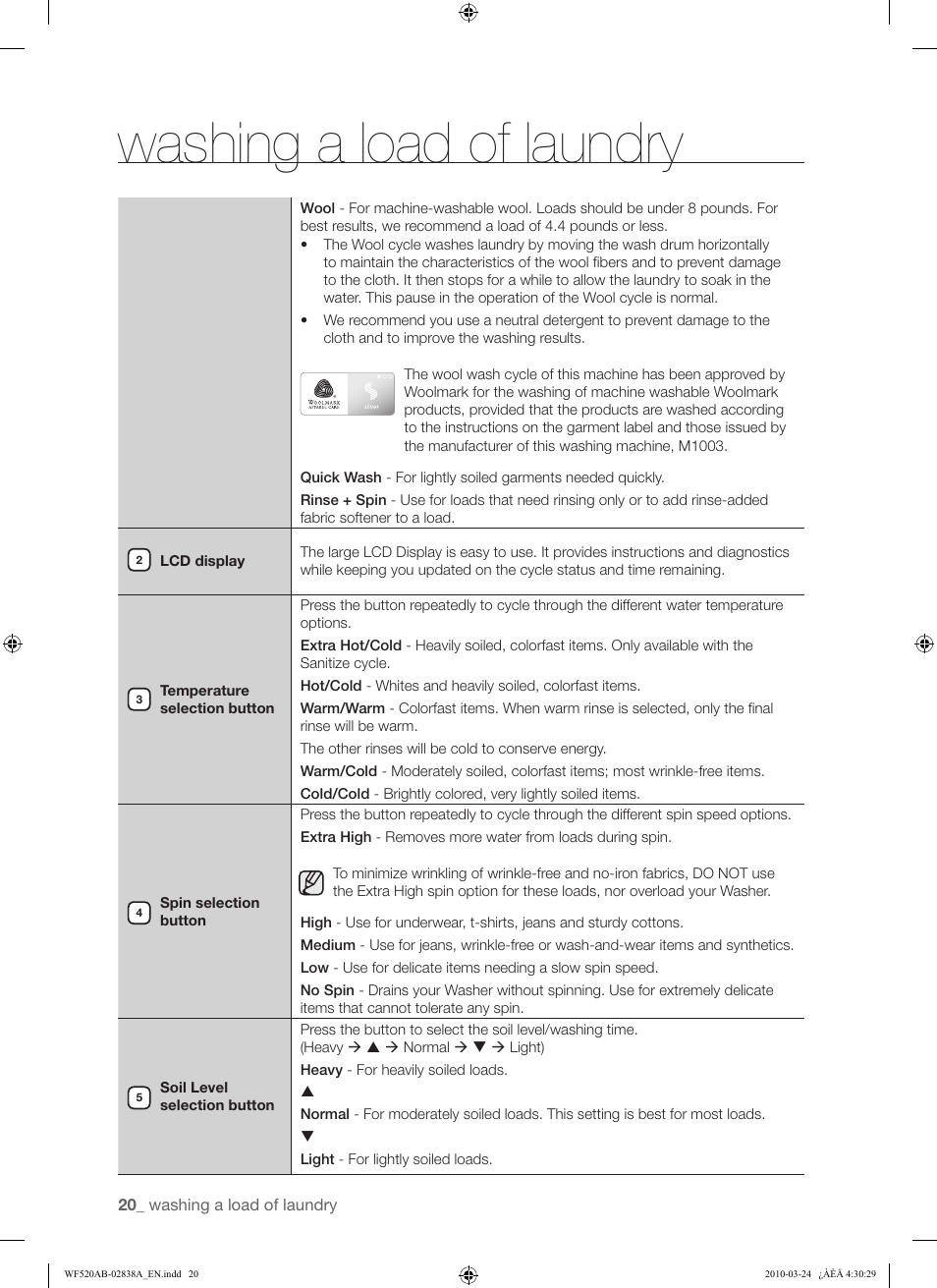 Washing a load of laundry | Samsung WF520ABW-XAA User Manual | Page 20 / 84