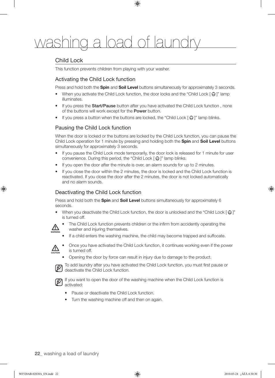 Washing a load of laundry, Child lock | Samsung WF520ABW-XAA User Manual | Page 22 / 84