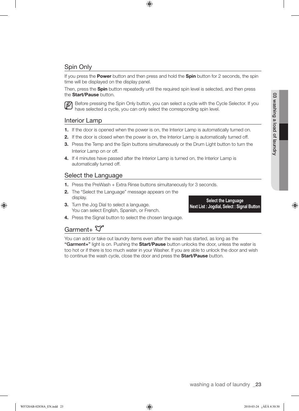 Spin only, Interior lamp, Select the language | Garment | Samsung WF520ABW-XAA User Manual | Page 23 / 84