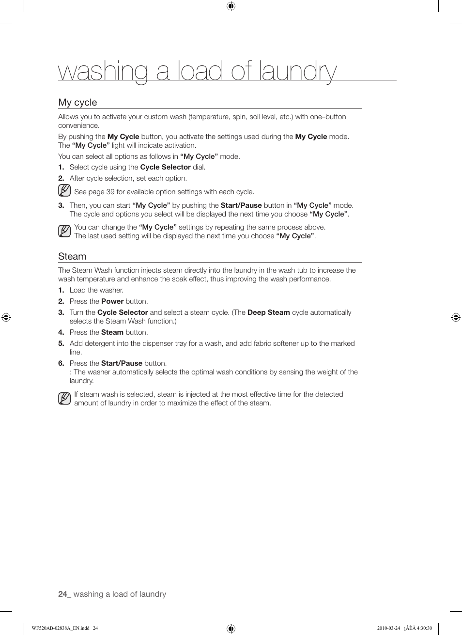 Washing a load of laundry | Samsung WF520ABW-XAA User Manual | Page 24 / 84