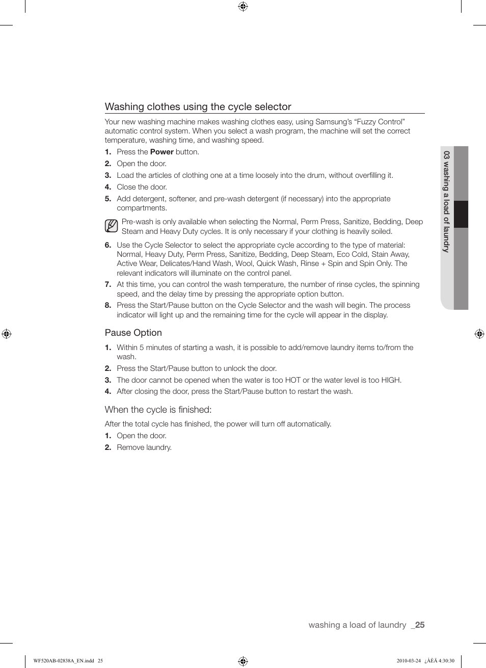 Washing clothes using the cycle selector | Samsung WF520ABW-XAA User Manual | Page 25 / 84