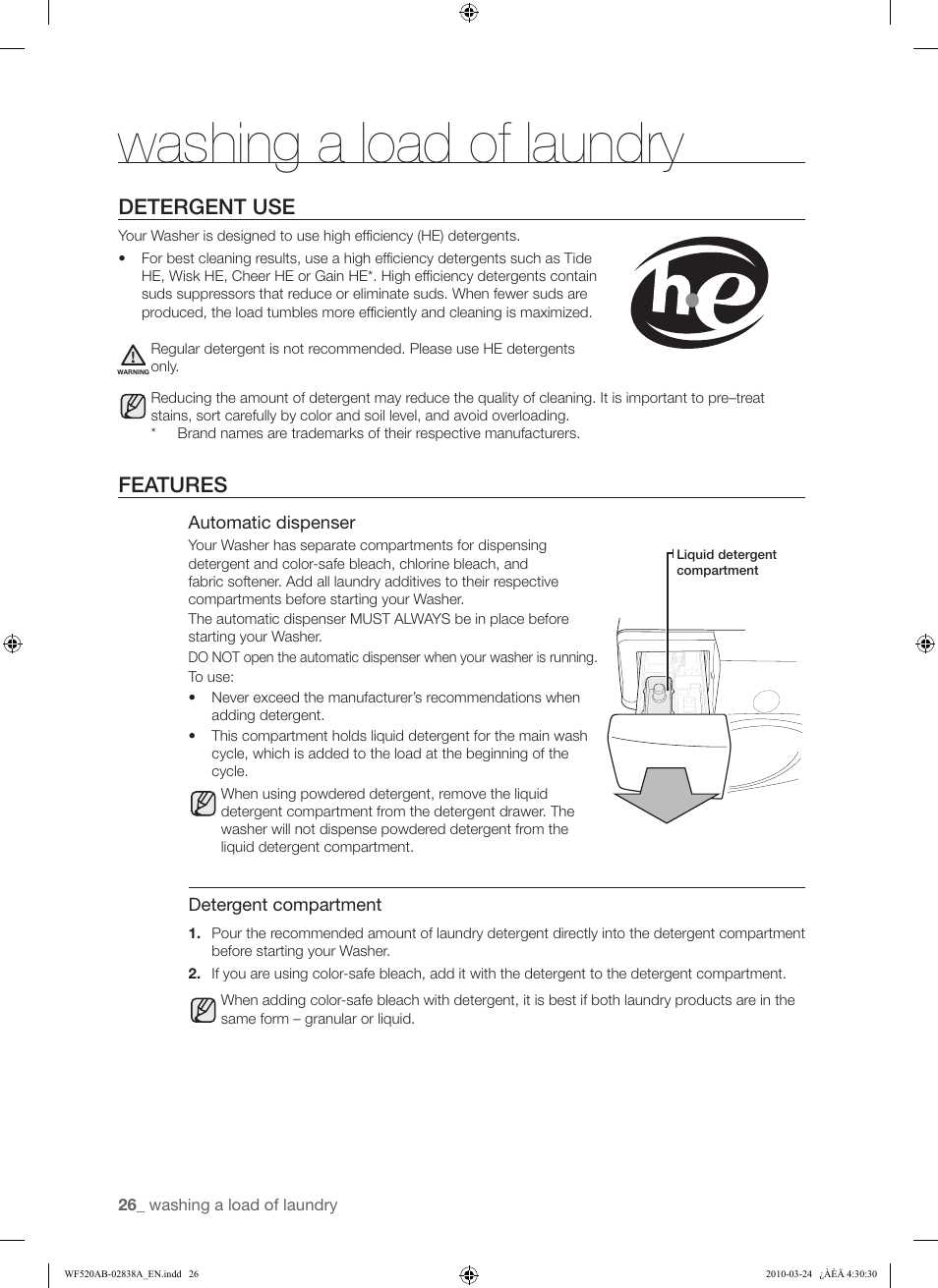Washing a load of laundry, Detergent use, Features | Samsung WF520ABW-XAA User Manual | Page 26 / 84