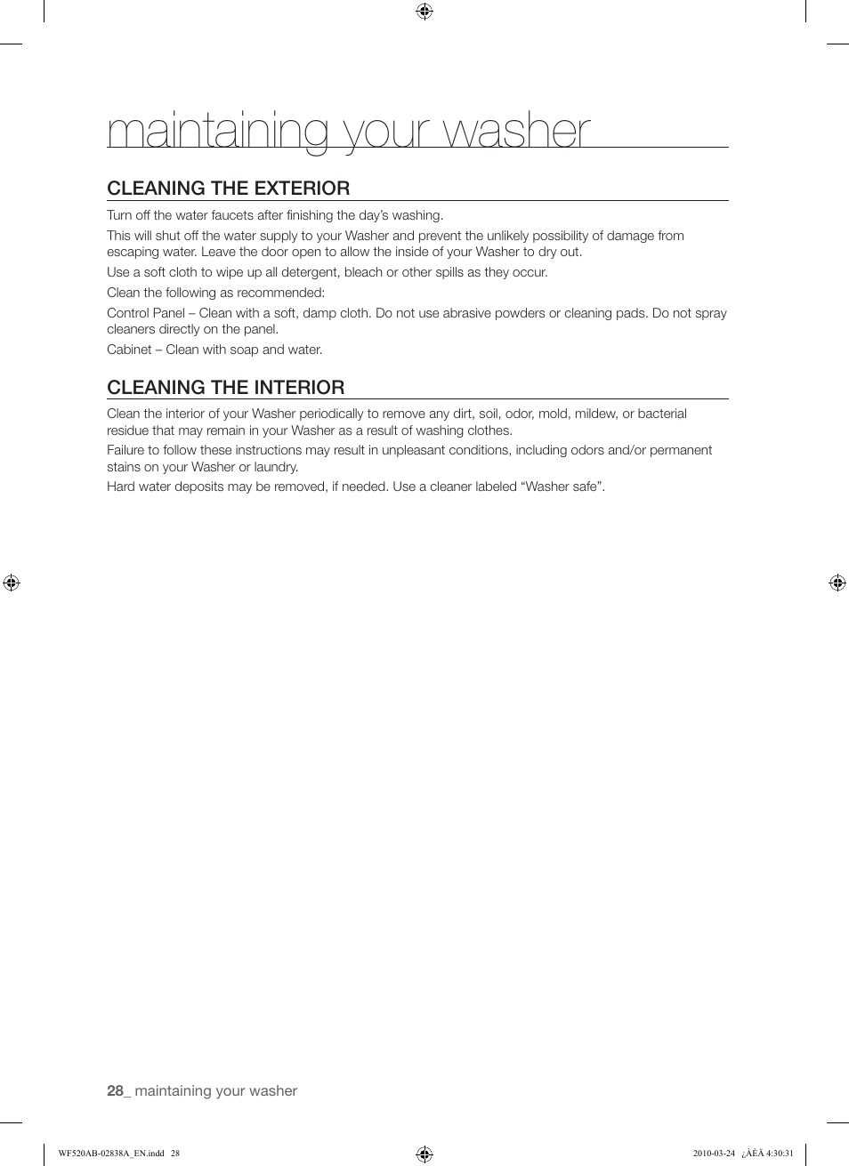 Maintaining your washer | Samsung WF520ABW-XAA User Manual | Page 28 / 84