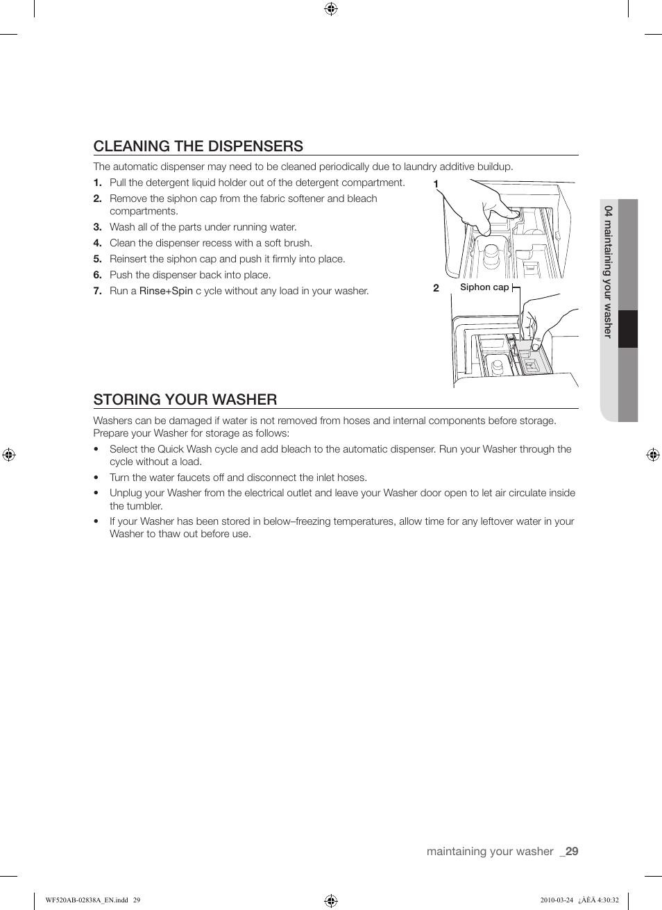 Cleaning the dispensers, Storing your washer | Samsung WF520ABW-XAA User Manual | Page 29 / 84