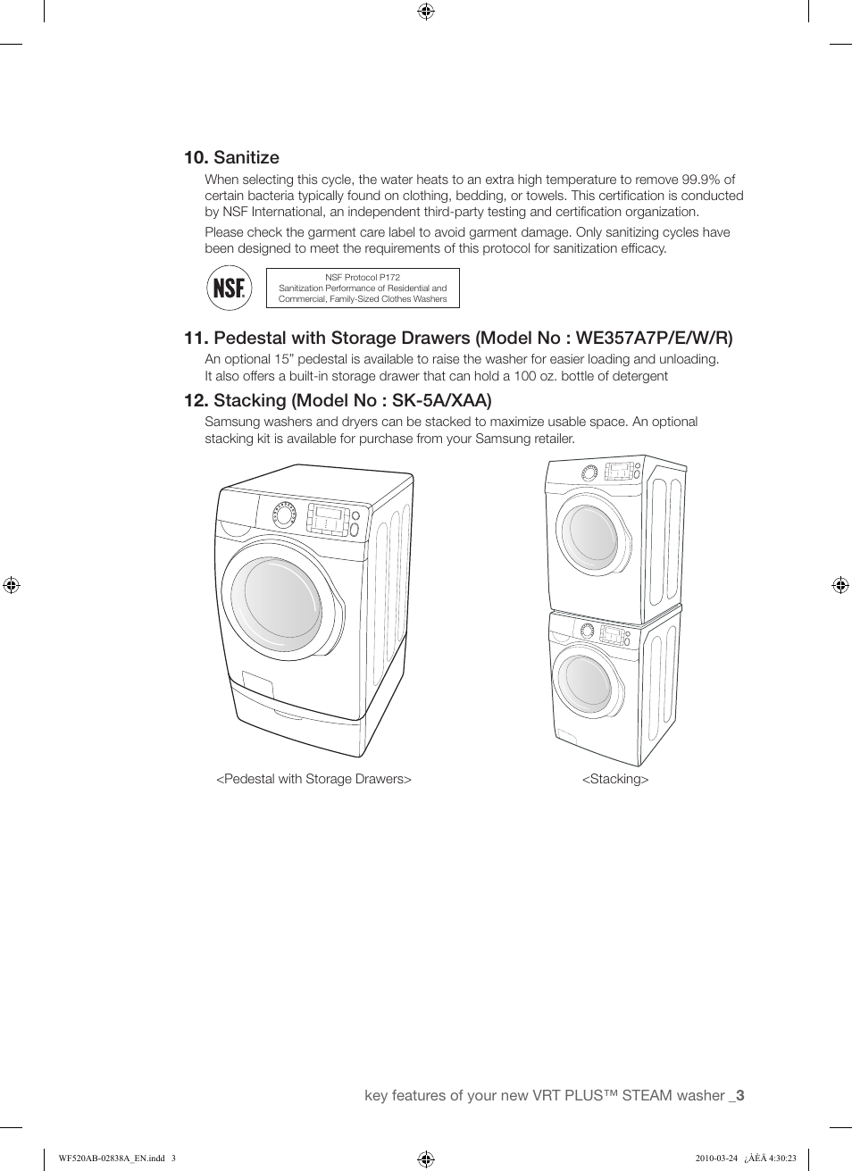 Sanitize, Stacking (model no : sk-5a/xaa) | Samsung WF520ABW-XAA User Manual | Page 3 / 84