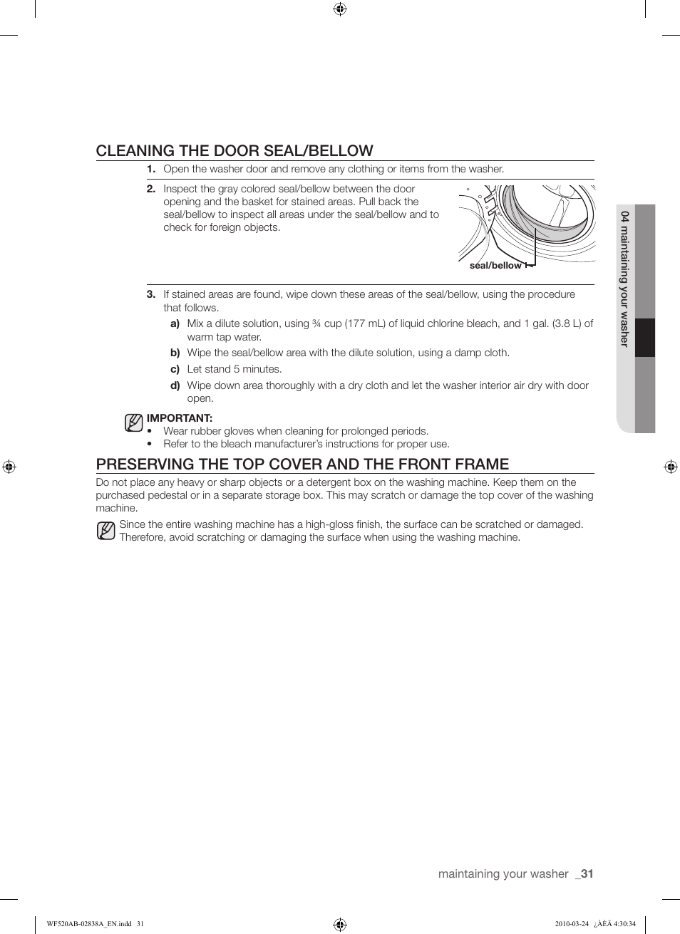 Cleaning the door seal/bellow, Preserving the top cover and the front frame | Samsung WF520ABW-XAA User Manual | Page 31 / 84