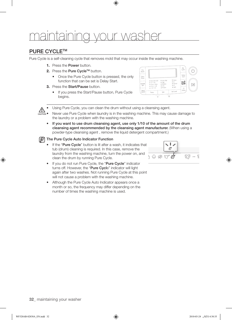 Maintaining your washer, Pure cycle | Samsung WF520ABW-XAA User Manual | Page 32 / 84
