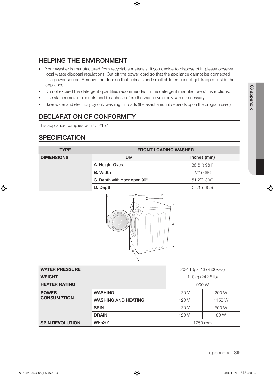 Helping the environment, Declaration of conformity, Specification | Samsung WF520ABW-XAA User Manual | Page 39 / 84