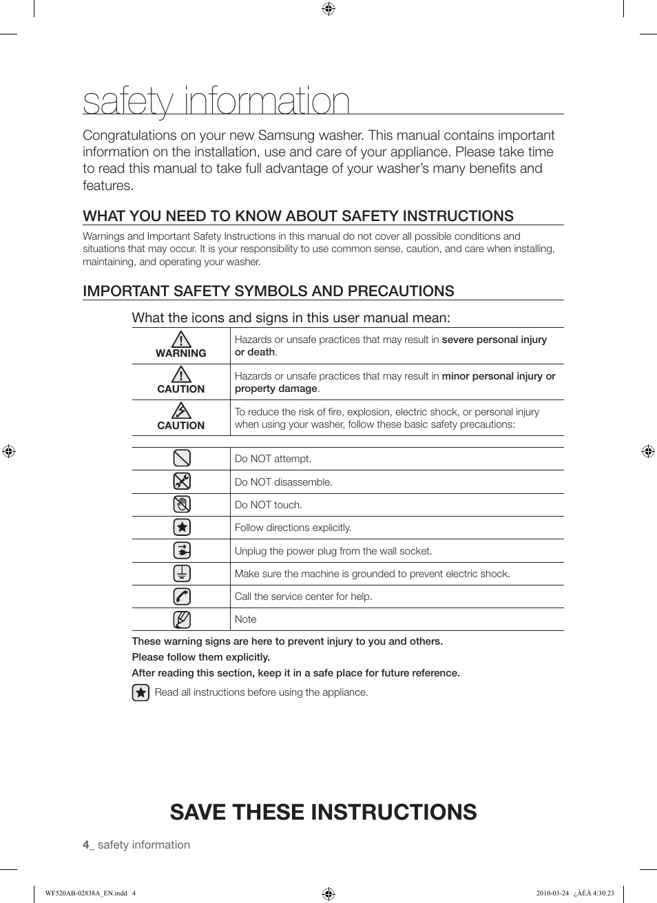 Safety information, Save these instructions | Samsung WF520ABW-XAA User Manual | Page 4 / 84