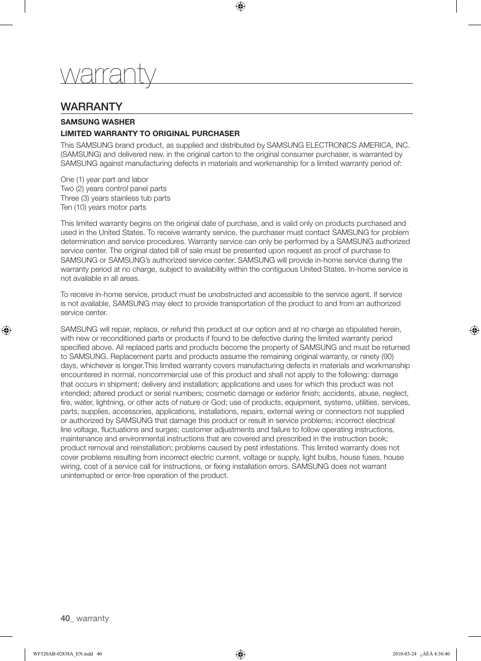 Warranty | Samsung WF520ABW-XAA User Manual | Page 40 / 84